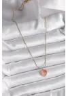  Altın  Pembe Kedi Gözü Sedefli Kalp Model  Çelik Kolye