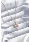  Altın  Pembe Zirkon Taşlı Kelebek Model  Çelik Kolye