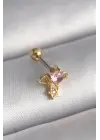 316L Çelik Gold Renk Pembe Zirkon Taşlı Sallantı Yıldız Detay Tragus Piercing