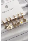   Altın Sallantı Çiçek Model Çelik Küpe Seti