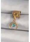 316L Çelik Gold Renk Sallantı Zirkon Taşlı Hilal Model Mavi Zirkon Taşlı Kalp Detay Nomination Charm