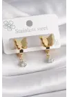   Altın Simli Kelebek Model Sallantı Zirkon Taş Detay Çelik Küpe