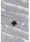  Altın  Siyah Mineli Yonca Çelik Kolye