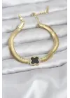 316L Çelik Gold Renk Siyah Yonca Model Zirkon Taşlı Yılan Zincirli Kadın Bileklik