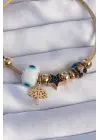 316L Çelik Gold Renk Siyah Zirkon Taşlı Yıldız Tasarımlı Ağaç Detay Nazarlı Charm Bileklik