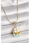 316L Çelik Gold Renk Topçuk Zincir Renkli Beyaz Çiçek Portre Model İnci Detay Kadın Kolye