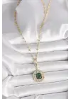 316L Çelik Gold Renk Topçuk Zincir Yeşil Taşlı Seranay Model Kadın Kolye