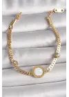 316L Çelik Gold Renk Yassı Zincir Model Zirkon Taş Detaylı Beyaz Mineli Madalyon Model Kadın Bileklik