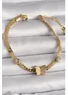 316L Çelik Gold Renk Yassı Zincir Zirkon Taşlı Simli Kelebek Figür Kadın Bileklik