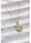  Altın  Yeşil Sedefli Zirkon Taşlı Hilal Model  Çelik Kolye