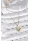  Altın  Yeşil Sedefli Zirkon Taşlı Hilal Model  Çelik Kolye