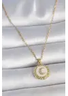 316L Çelik Gold Renk Zincir Beyaz Mineli Hilal İşlemeli Madalyon Model Kadın Kolye
