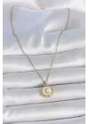 316L Çelik Gold Renk Zincir Beyaz Mineli Hilal İşlemeli Madalyon Model Kadın Kolye