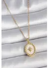 316L Çelik Gold Renk Zincir Beyaz Mineli Kutup Yıldız İşlemeli Madalyon Model Kadın Kolye