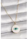  Altın  Zincir Beyaz Mineli Turkuaz Göz İşleme Model  Çelik Kolye