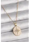  Altın  Zincir Beyaz Mineli Zirkon Taşlı Kutup Yıldız İşlemeli  Çelik Kolye