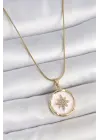 316L Çelik Gold Renk Zincir Beyaz Mineli Zirkon Taşlı Kuzey Yıldız İşlemeli Madalyon Model Kadın Kolye