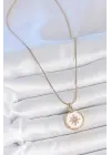 316L Çelik Gold Renk Zincir Beyaz Mineli Zirkon Taşlı Kuzey Yıldız İşlemeli Madalyon Model Kadın Kolye