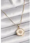  Altın  Zincir Beyaz Sedefli Zirkon Taşlı Yıldız İşleme Model  Çelik Kolye