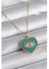  Altın  Zincir Göz İşlemeli Yeşil Kalp Model Zirkon Taşlı  Çelik Kolye