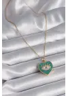  Altın  Zincir Göz İşlemeli Yeşil Kalp Model Zirkon Taşlı  Çelik Kolye
