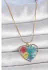 316L Çelik Gold Renk Zincir Kalp Epoksi Renkli Çiçek Model Kadın Kolye