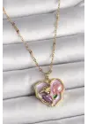 Altın  Zincir Kalp Mor Portre Gül İşleme  Çelik Kolye