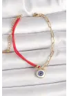 316L Çelik Gold Renk Zincir Kırmızı İp Model Sallantı Nazar Boncuk Figür Kadın Bileklik