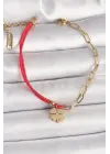 316L Çelik Gold Renk Zincir Kırmızı İp Model Sallantı Yonca Figür Kadın Bileklik