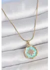 316L Çelik Gold Renk Zincir Mavi Mineli Zirkon Taşlı Kuzey Yıldız İşlemli Madalyon Model Kadın Kolye