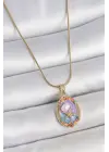 316L Çelik Gold Renk Zincir Mix Renk Deniz Yıldız İşlemeli Renki Çiçek Detay Portre Model Kadın Kolye