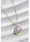 316L Çelik Gold Renk Zincir Mor Çiçek İşlemeli İnci Detay Portre Model Kadın Kolye