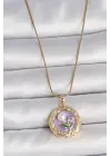 316L Çelik Gold Renk Zincir Mor Çiçek İşlemeli İnci Detay Potre Model Kadın Kolye