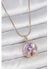 316L Çelik Gold Renk Zincir Mor Mineli İncili Çiçek İşlemeli Madalyon Model Kadın Kolye