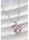 316L Çelik Gold Renk Zincir Mor Mineli İncili Çiçek İşlemeli Portre Model Kadın Kolye