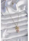  Altın  Zincir Pembe Kalpli Zirkon Taşlı Kurdele Model  Çelik Kolye