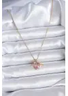  Altın  Zincir Pembe Kristal Kalp Model Zirkon Taş Detay  Çelik Kolye