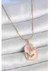 316L Çelik Gold Renk Zincir Pembe Mineli İncili Çiçek İşlemeli Portre Model Kadın Kolye