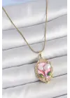316L Çelik Gold Renk Zincir Pembe Mineli İncili Çiçek İşlemeli Portre Model Kadın Kolye