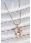 316L Çelik Gold Renk Zincir Pembe Mineli Kare Model Çiçek İşlemeli İnci Detay Kadın Kolye