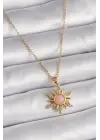  Altın  Zincir Pembe Mineli Zirkon Taşlı Güneş Model  Çelik Kolye