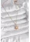  Altın  Zincir Pembe Mineli Zirkon Taşlı Güneş Model  Çelik Kolye