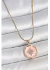 316L Çelik Gold Renk Zincir Pembe Mineli Zirkon Taşlı Kuzey Yıldız İşlemeli Madalyon Model Kadın Kolye