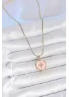316L Çelik Gold Renk Zincir Pembe Mineli Zirkon Taşlı Kuzey Yıldız İşlemeli Madalyon Model Kadın Kolye