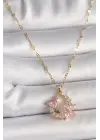  Altın  Zincir Pembe Zirkon Taşlı Çiçek Figür Kalp Detay  Çelik Kolye