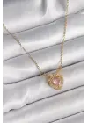  Altın  Zincir Pembe Zirkon Taşlı Kalp Figür  Çelik Kolye