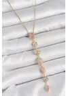 316L Çelik Gold Renk Zincir Pembe Zirkon Taşlı Y Model Dekolte Kadın Kolye