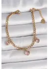 316L Çelik Gold Renk Zincir Sallantı Pembe Zirkon Taşlı Kalp Model Kadın Bileklik