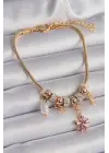316L Çelik Gold Renk Zincir Sallantı Zirkon Taşlı Çiçek Model Charm Bileklik
