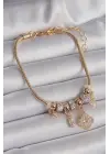 316L Çelik Gold Renk Zincir Sallantı Zirkon Taşlı Yonca Model Charm Kadın Bileklik